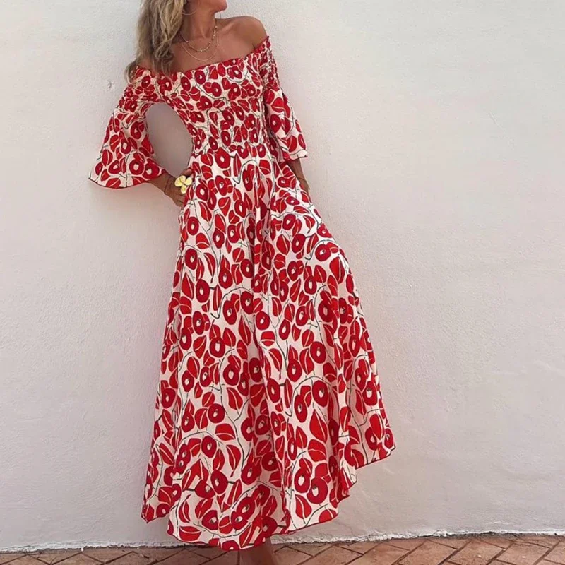 

Bright Floral Print High Waist Long Dress Sexy Slash Neck Pocket Beach Dress Casual Flared Sleeves Pleated Bohemian Dress Mujer