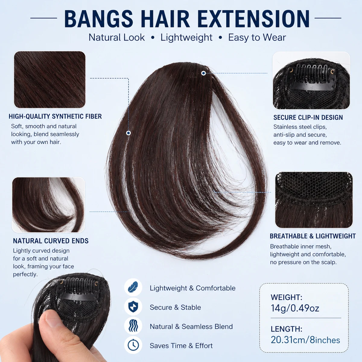 Synthetic oblique bangs clip hair, women's forehead extension with sideburns naturally curved curly hair