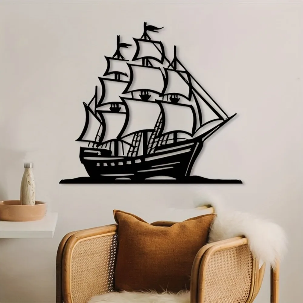 CIFBUY Vintage Iron Pirate Ship Wall Art, Rustic Metal Nautical Sculpture, Coastal Beach Home Decor Hook