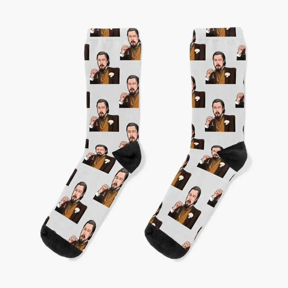 Leonardo DiCaprio Meme Laughing Leo calcetines de diseñador floral, regalos de invierno, calcetines de moda para hombres y mujeres