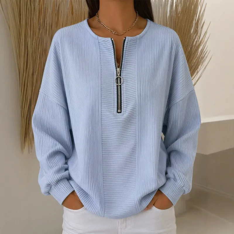 New Round-neck Snake-bone Pattern Semi-zipper Loose Long-sleeved Top Women From Europe and America Cross-border Fashion Simple