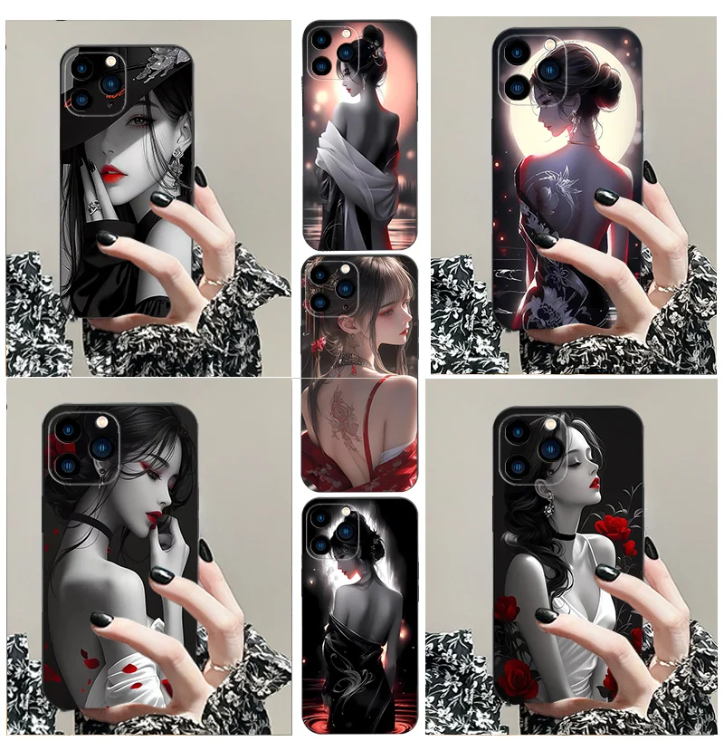 

for iPhone 7 G 8 Plus 11 12 13 Mini 14 15 16 PRO X XS MAX XR TPU Black Phone Case Apple Pretty Girl Image Series Protective Cove