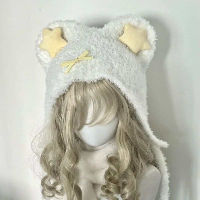 Cute Bear Ear Star Knitted Wool Hat Fashion Warm Lace-Up Ear Protection Cap Outdoor Women Bomber Hats New Year Autumn Winter