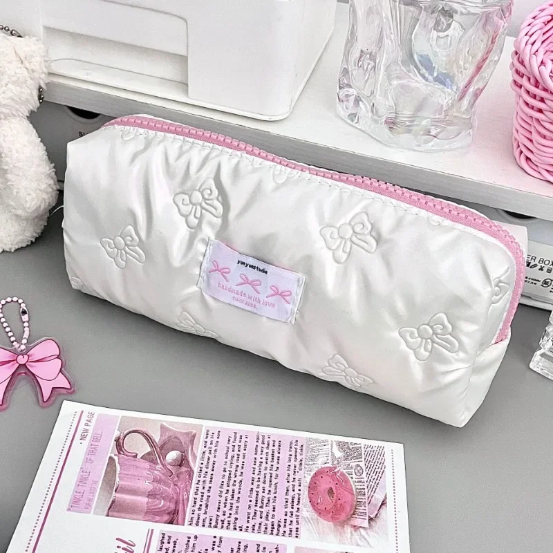 1 Piece Ins Style Student Simplicity Korean Pencil Pouch White Pink Color Bow Pencil Bag Large Capacity Stationery Storage Bag