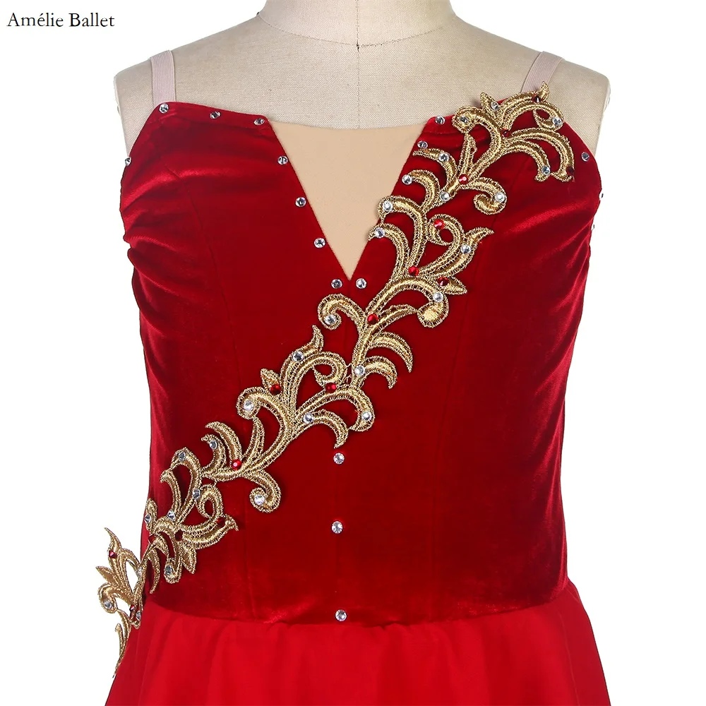 B20020 Tutú de danza de Ballet profesional personalizado para niñas y mujeres, corpiño de terciopelo rojo con apliques dorados y falda de gasa roja