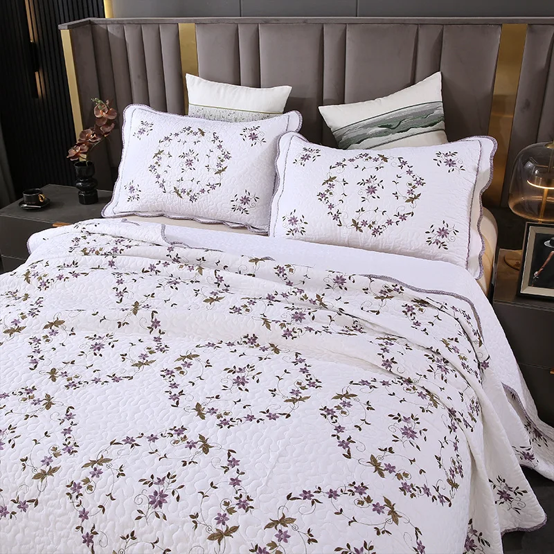 Modern Embroidered Quilt Set 3-Piece, 100% Cotton Soft Breathable Bedspread Coverlet, Lightweight Bedding Set for All Season
