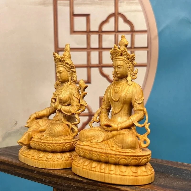 Carved Natural Boxwood Tibetan Buddha Statue Green Tara & Amitayus Deity Figurine Wooden Sculpture Altar Worship Tea Table Decor