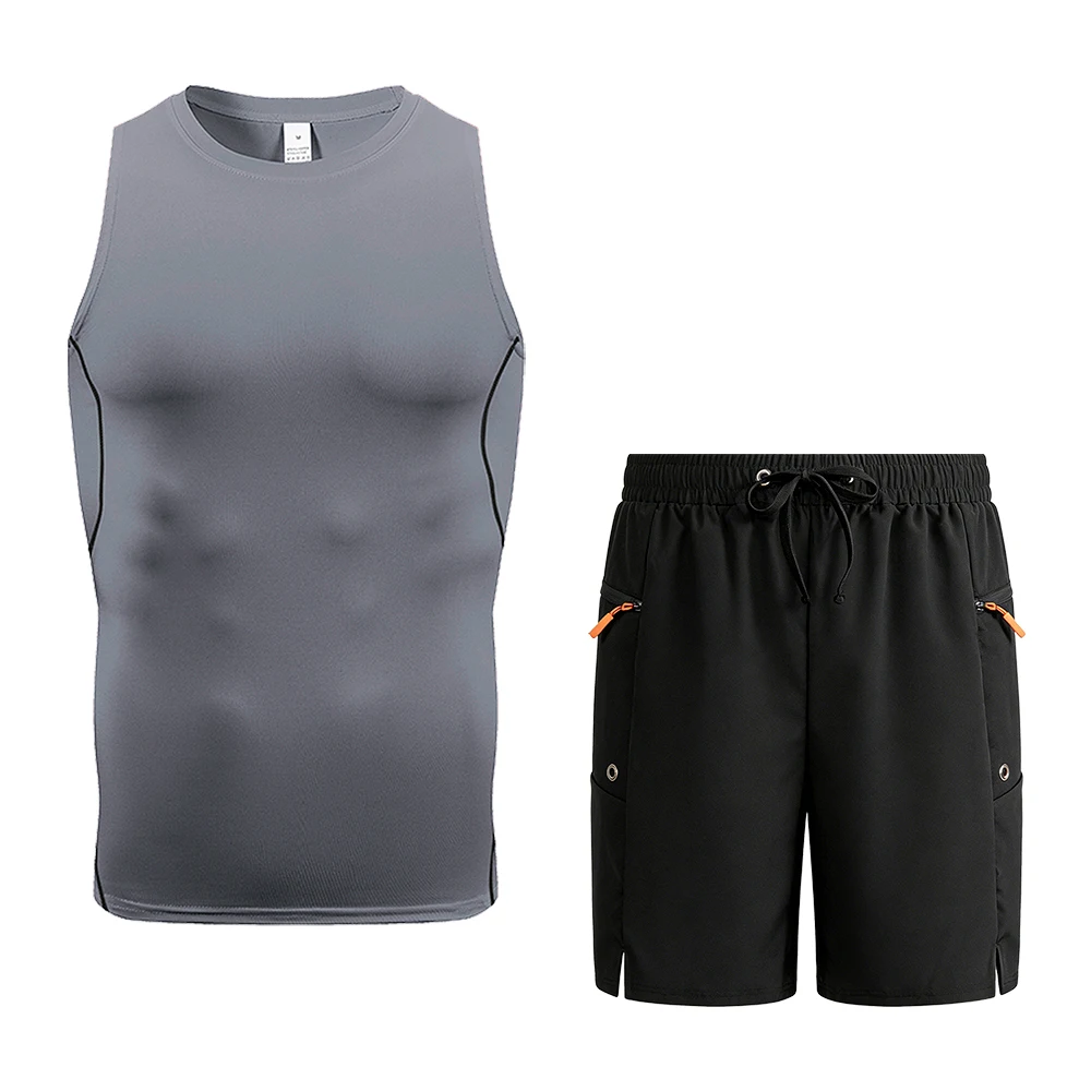 طقم تانك وسروال قصير بدون أكمام للرجال للجري في الهواء الطلق وكاجوال بلون سادة وجيوب بسحاب وخصر مطاطي ورباط