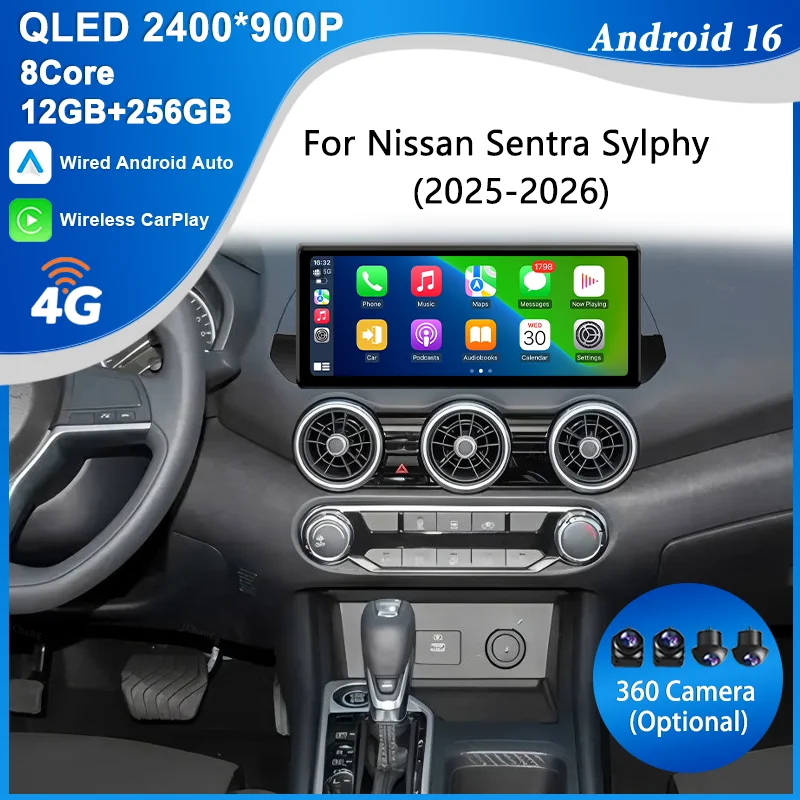 For Nissan Sentra Sylphy 2025-2026 12.3 inch IPS Android 16 BT 4G GPS Navi DSP Split Screen WiFi CarPlay Multimedia Stereo Head