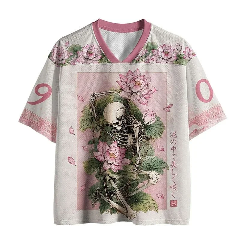 Japanese Skeleton Lotus 3D Pattern Men Women's Vneck Breathable Short-sleeved Street Casual T-shirt Loose-fit Hip-hop Sports Top