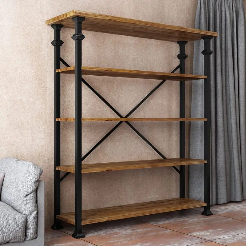 Industrial style storage Solid wood bookshelf Retro wrought iron shelf Home floor bookcase Multi-layer display shelf Display rac