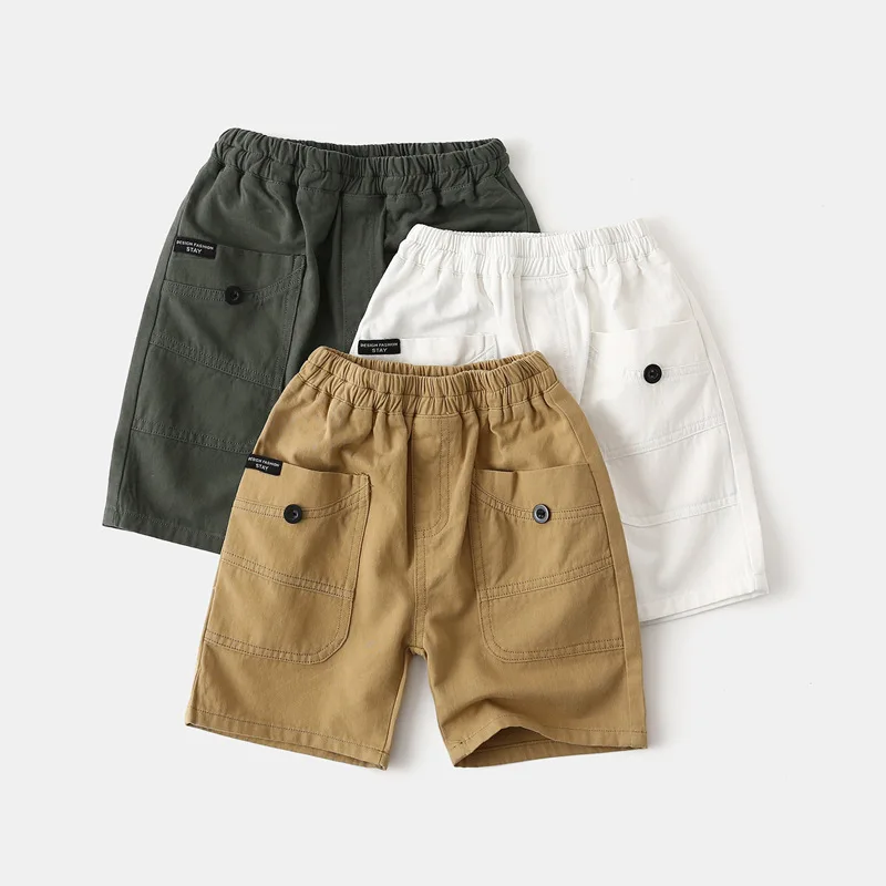 Pantalones cortos 100% de algodón para niños pequeños, pantalones cortos para niños de 2 a 3, 4, 5, 6, 7, 8 años, ropa de trabajo coreana de verano, pantalones cortos con bolsillos, pantalones cortos deportivos marrones y blancos