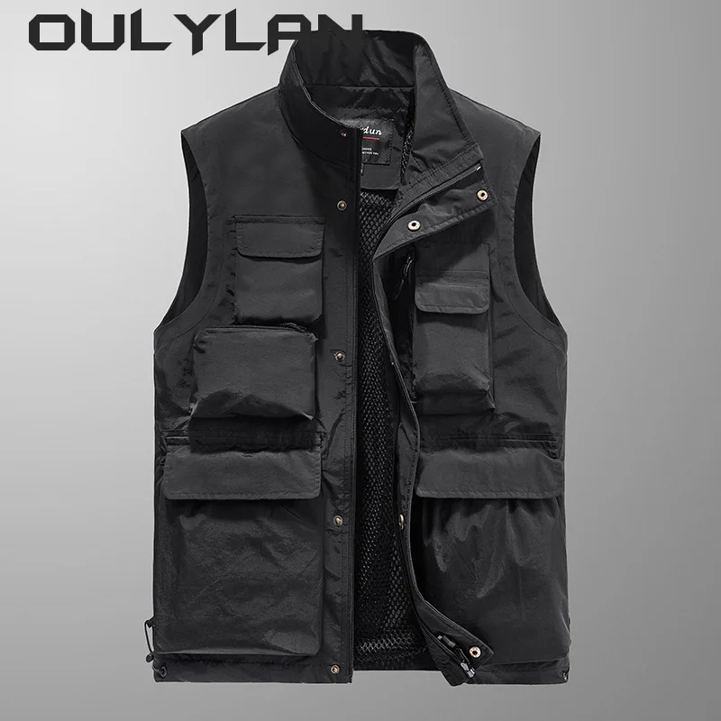 Oulylan 2024 Outdoor Vest Multi-Pocket Solid Color Fishing Director Reporter Work Waistcoat Photography Casual Vest Jacket Male