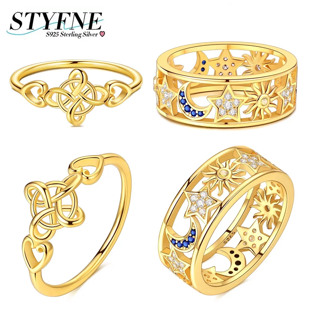 

New 925 Sterling Silver Gold Celtic Knot Moon and Stars Hollow Zircon Ring for Women Anniversary Engagement Love Jewelry Gift