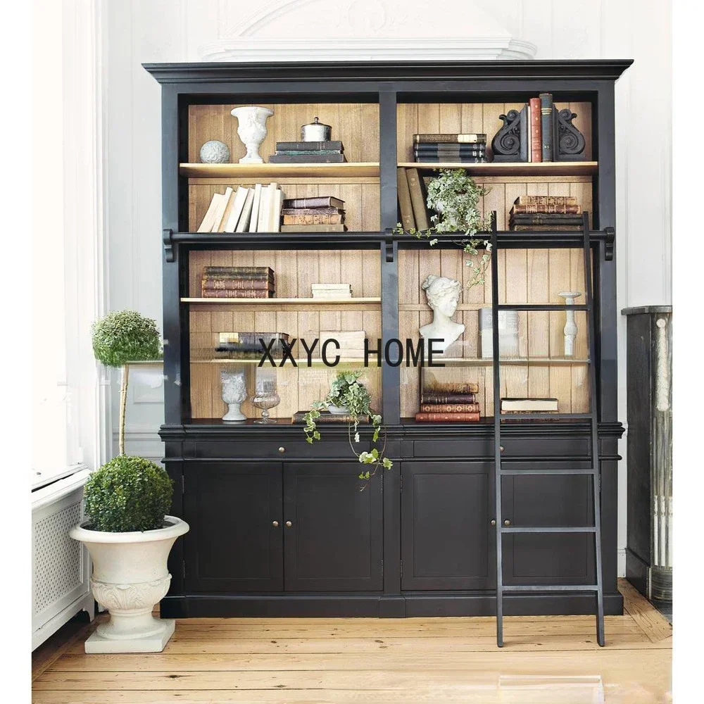 American-Style Solid Wood Bookcase with Ladder Retro Second-Hand Black Color Two Sets of Bookcase Lockers