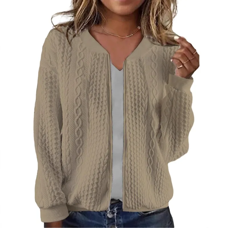 

Женское пальто, новинка 2024, повседневная жаккардовая куртка на молнии с длинными рукавами, повседневная короткая куртка, однотонные модные свободные куртки, весенние женские топы