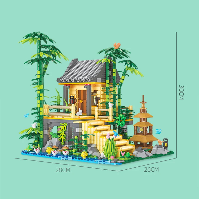 Panda Bamboo Hut ชุดบล็อกอาคาร MOC 59093 Forest House ฉากสถาปัตยกรรมจีนอิฐ DIY ไอเดียของขวัญของเล่นเด็ก Aldult