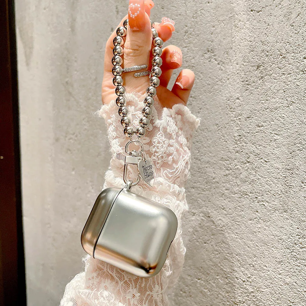 Luxury Plating Silver Cases With Heart Pendant Bracelet Chain For Airpods 4 Pro 2 Earphone Box Shockproof Bag For Airpod 3 Cover