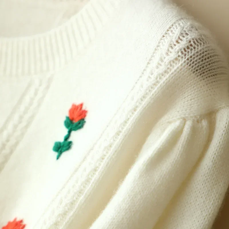 exquisite autumn winter bubble sleeve cashmere merino embroidery sweater