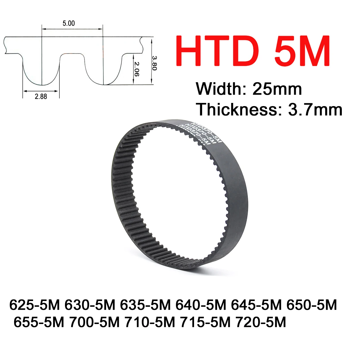 1Pc Width 25mm 5M Rubber Arc Tooth Timing Belt Pitch Length 625 630 635 640 645 650 655 700 710 715 720mm Closed Loop Drive Belt