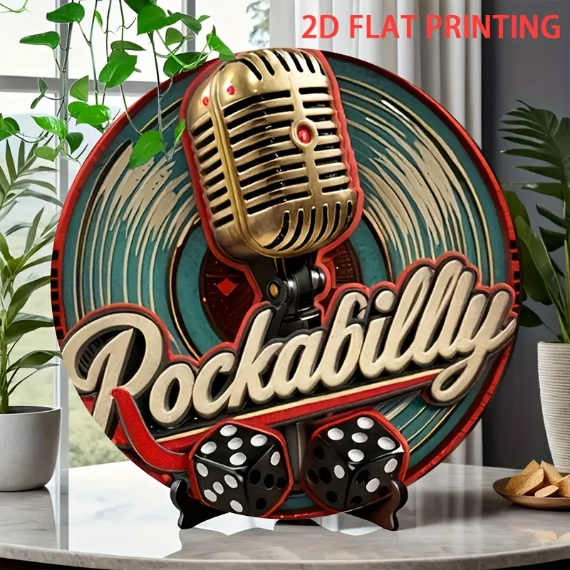 2D Flat Round Metal Tin Sign, Rockabilly Vintage Microphone Dice Vinyl Plaque, 7.87in Rock Bar Music Room Wall Decor