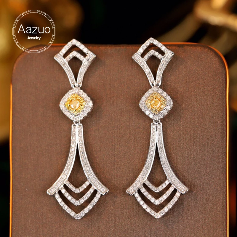 Aazuo 18K Solid White Gold Real Yellow&White Diamonds Luxuly Irregular Long  Drop Earring Gifted For Women Wedding Party  Au750