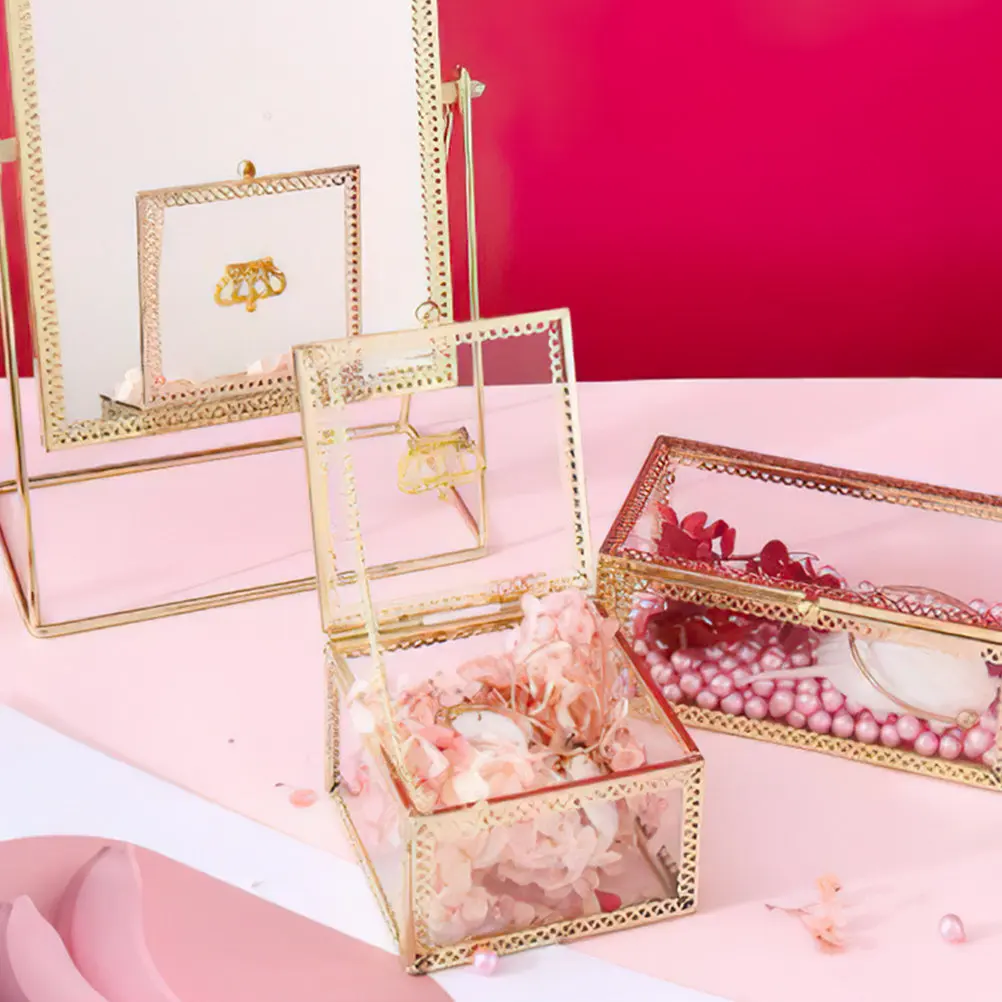 

Elegant Square Glass Jewelry Box Small Compact Storage for Rings Earrings Necklaces Bracelets Trinkets Display Case Desktop
