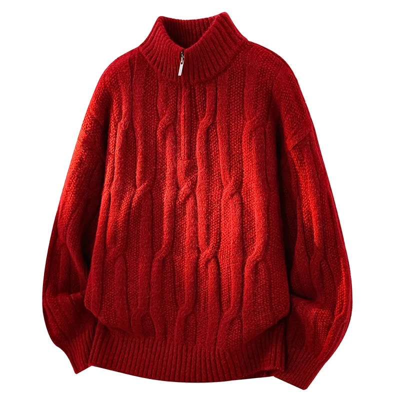 Men's Quarter Zip Sweater Cable Knit Mock Neck Pullover Sweater Classic Casual Pullover with Ribbing Edge Sweater for Man