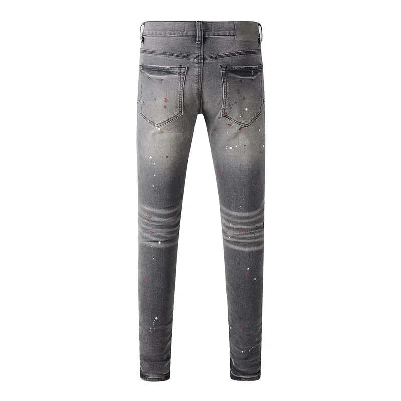 Men's High Quality Streetwear Distressed Gray Stretch Skinny Brand Destroyed Holes Graffiti Ripped Jeans