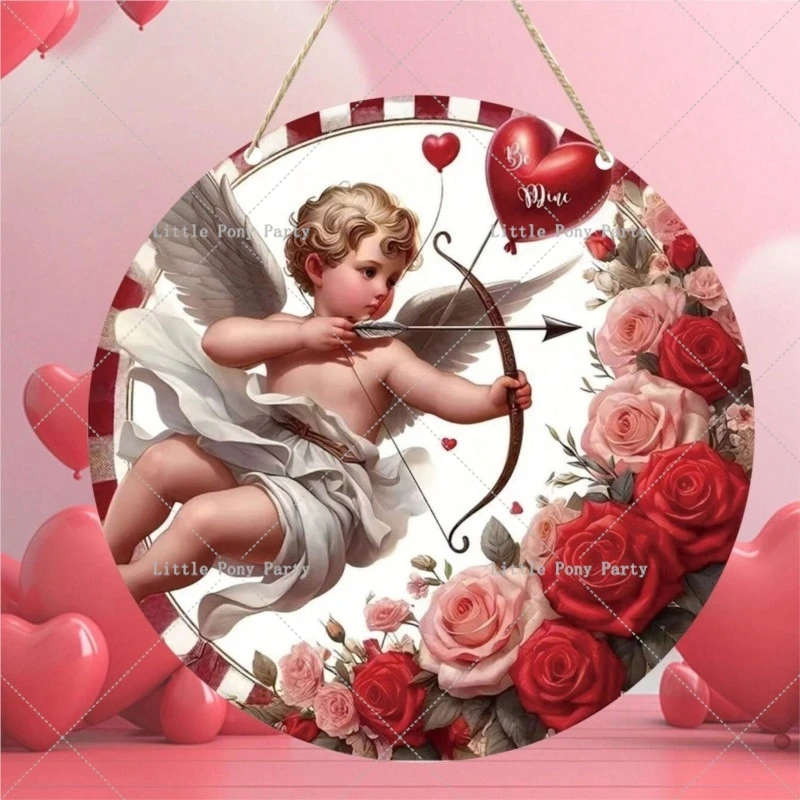 Pony Valentine's Day Cupid Wreath Love Rose Flower Ornaments Wooden Round Ornaments Wall Layout Wall Hanging Welcome Decoration