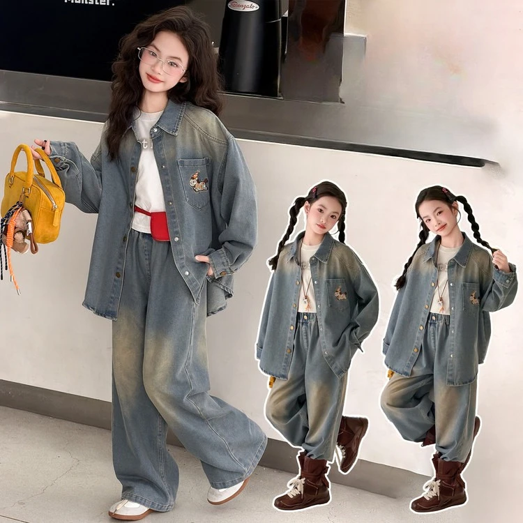 teen girls cowboy clothes suit cartoon horse Irregular denim shirt jacket wide-leg jeans 2pcs junior child kid pants outfits set
