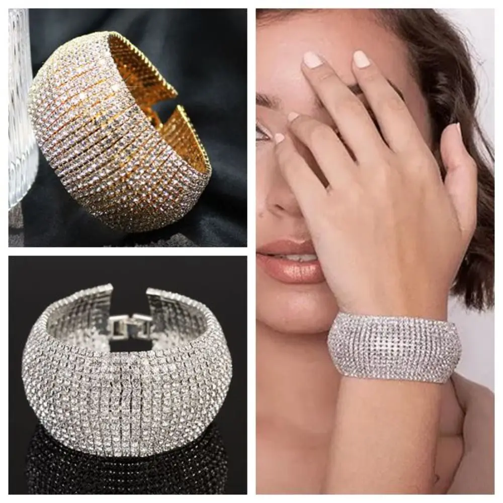 Nouveau Bracelet en argent épais et scintillant, accessoires de bijoux, Bracelet en cristal de couleur or, Bracelet de fête en strass