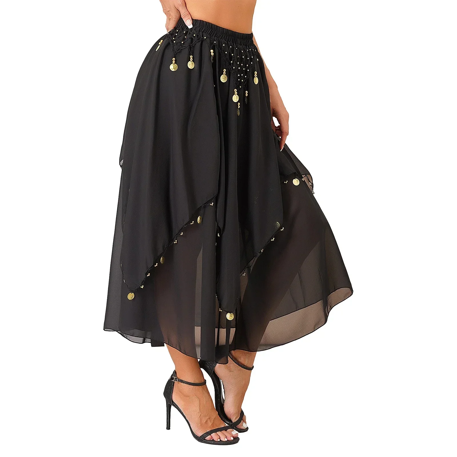 Women's Sequins Belly Dance Skirt Beaded Dance Chiffon Tulle Indian Stage Performance Bollywood Costume Maxi Skirt Dancewear