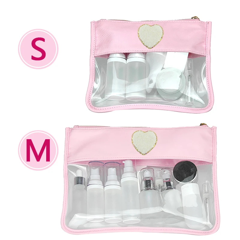 Rainbow Plaid Nylon Clear Makeup Bag Letter Patches Transparent PVC Cosmetic Bag Travel Make Up Birthday Gift Organizer Pouches