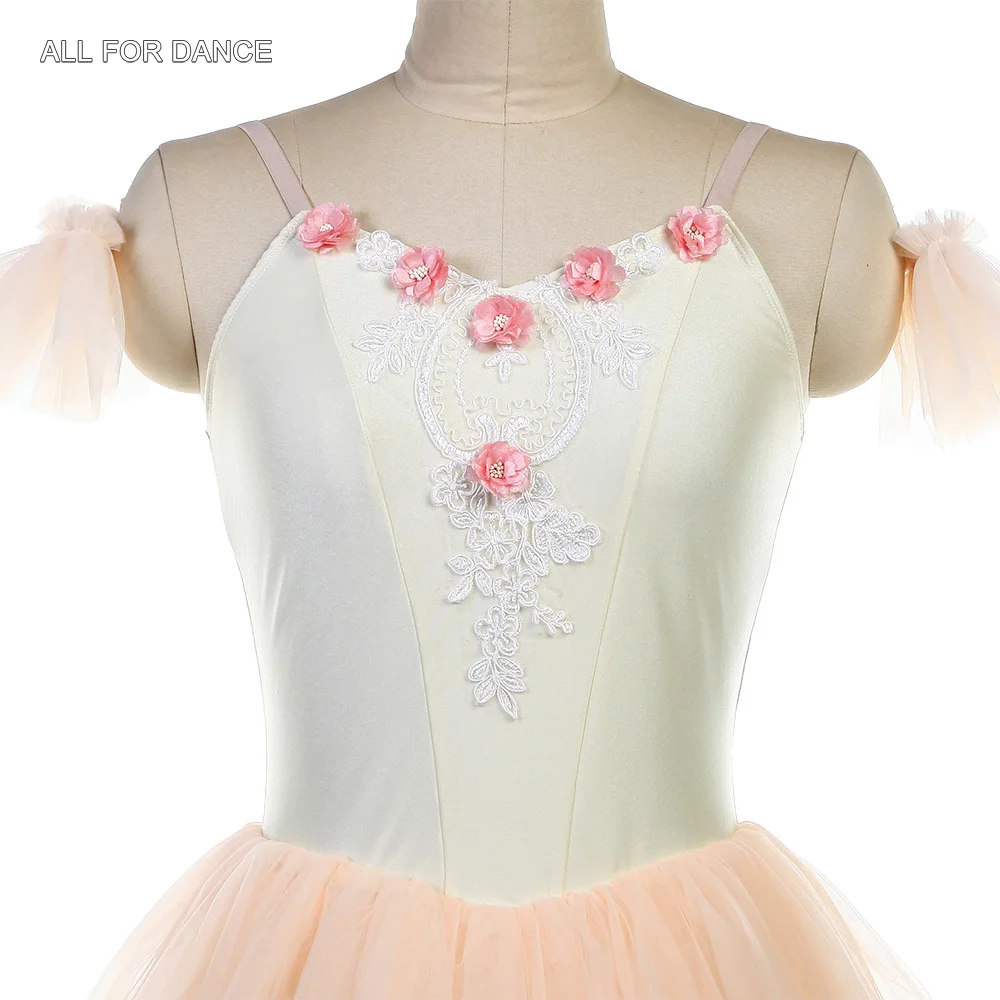 26045 Elfenbeinfarbenes Spandex-Mieder mit hellrosa weichem Tüll-Tutu-Rock für Erwachsene und Mädchen, romantische Ballettkostüme, Bühnenaufführung, Tanzbekleidung