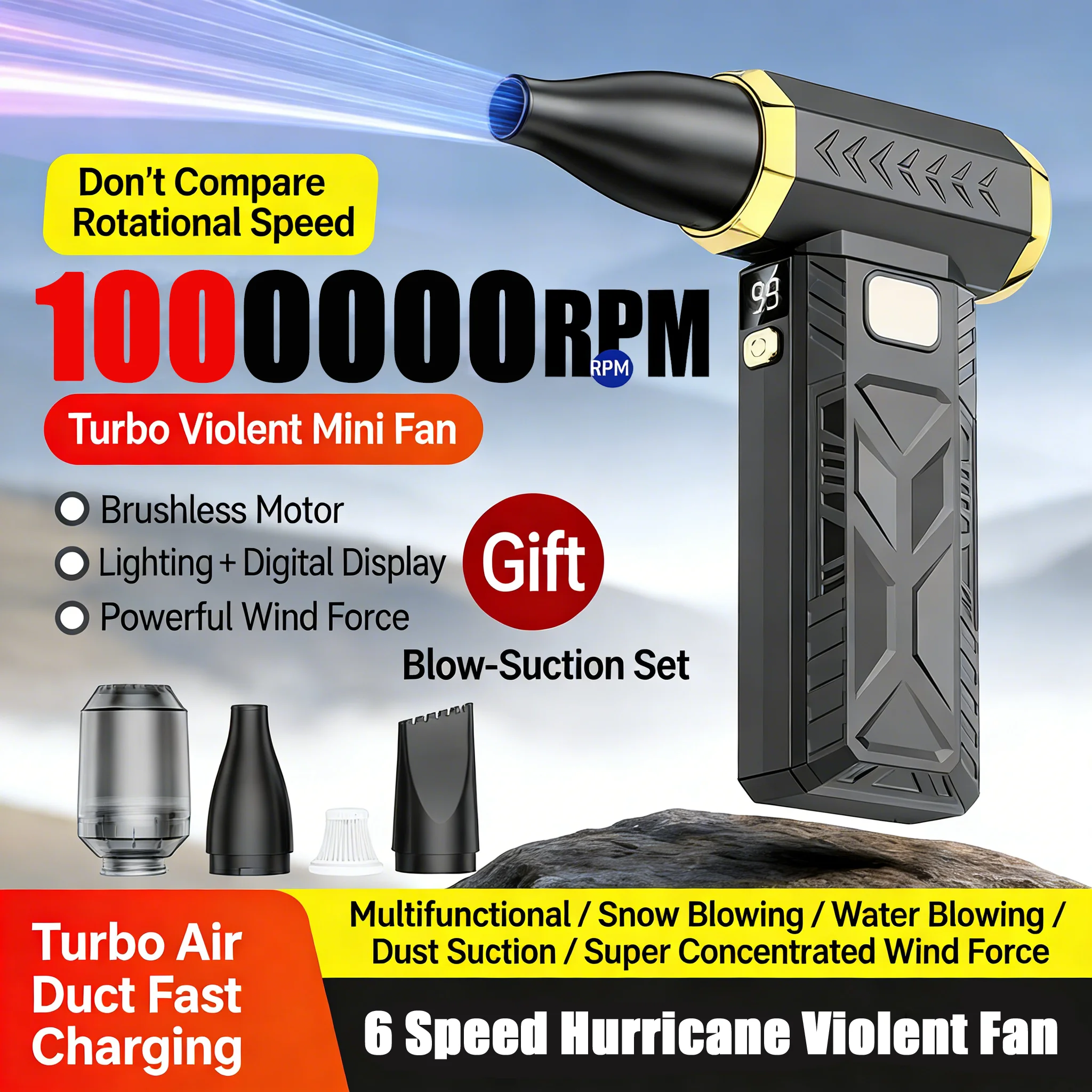 

1000000RPM Violent Fan Super Powerful Air Blower Vacuum Blowing Suction Led Lighting 6-Speed Regulation Brushless Turbo 2026 New