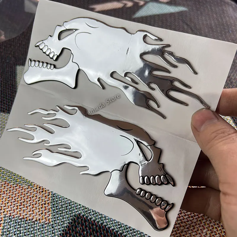 silver 3D Fire Ghost Skull Head Auto Hurricane Chrome Plating Motorcycle Stickers