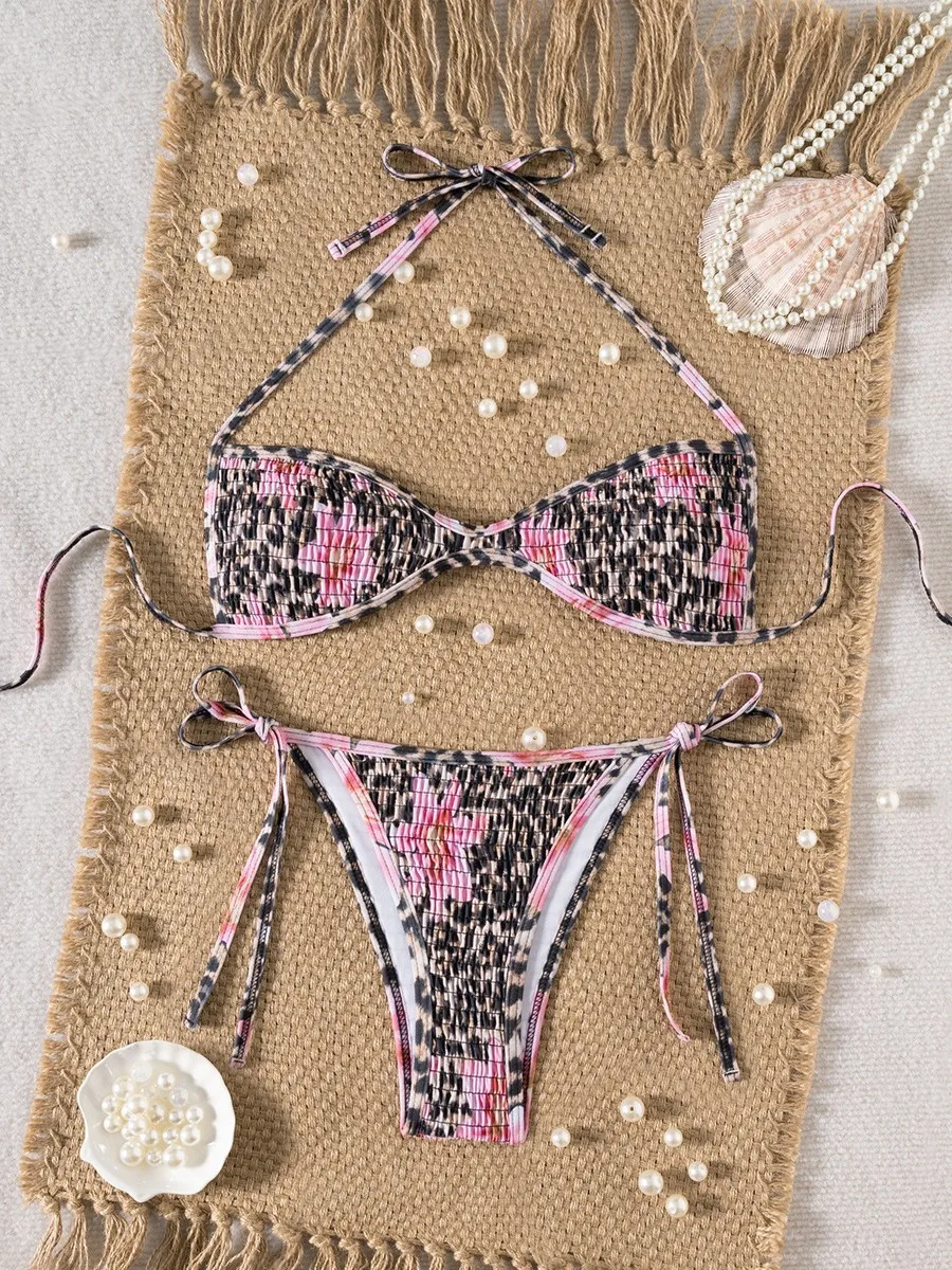 2025 Women's Floral Printed Bikini Set Summer Sexy Tie-Front Triangle Top & High Waist Panties Set Adjustable Two-Piece Swimwear
