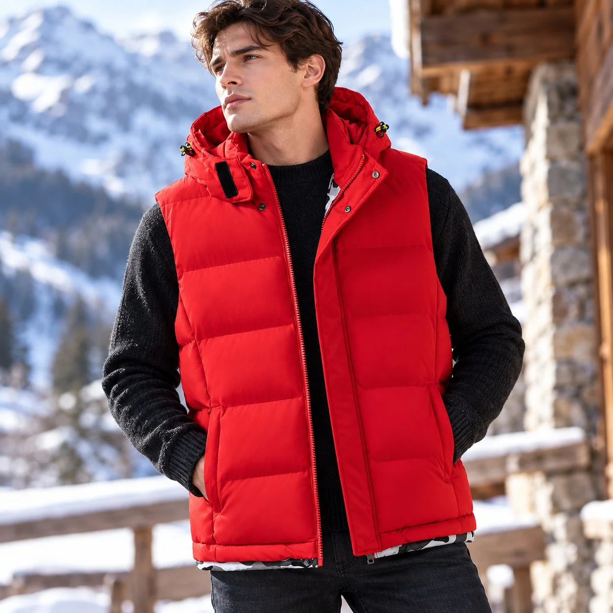 Thick Pocket Vest Regular Length with Wrinkle Finish Detachable Hood Fitted Zipper Slash Pockets Winter Casual Wear for Men