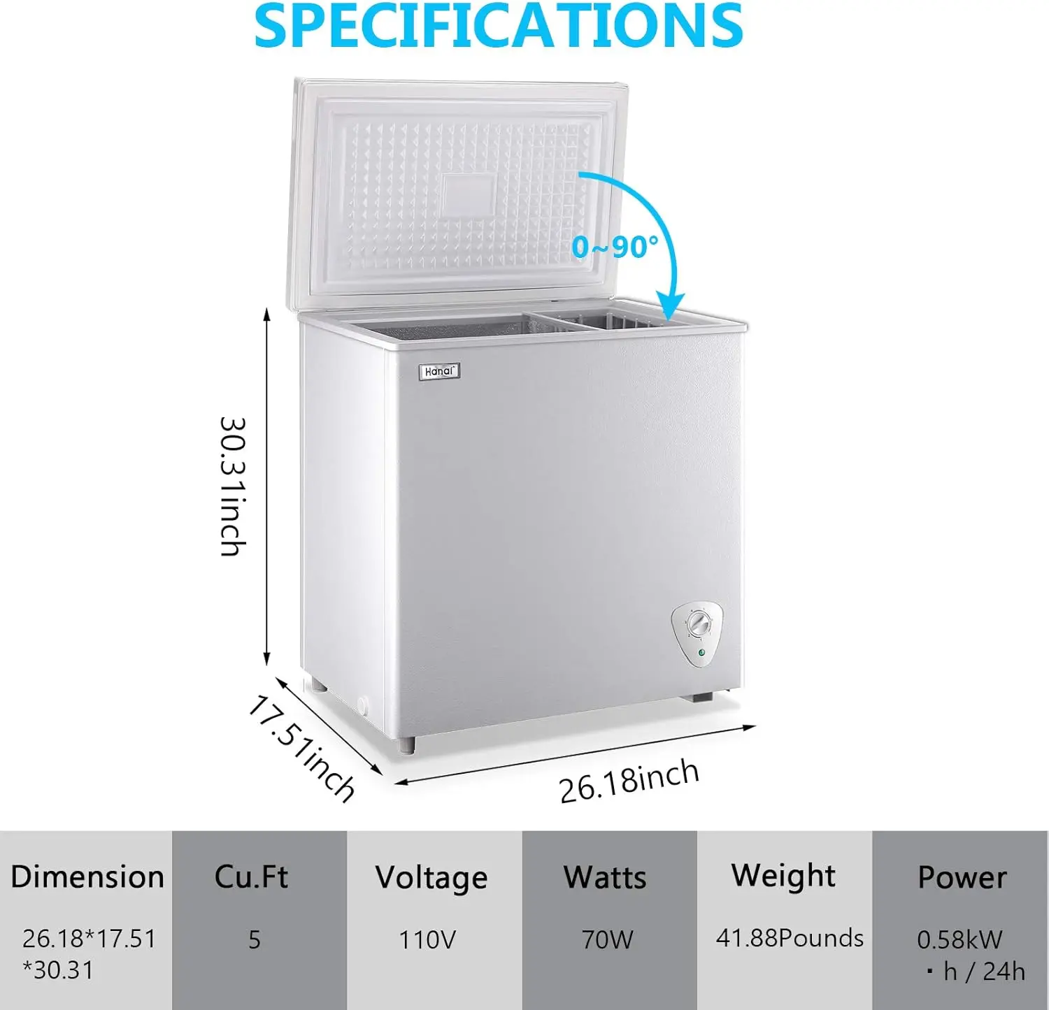 WANAI-Congélateur compact à la poitrine, 5.0 Cu., Fédération pour le garage, Température réglable, 7 Thermoandreand, Perfecto à économie d'énergie