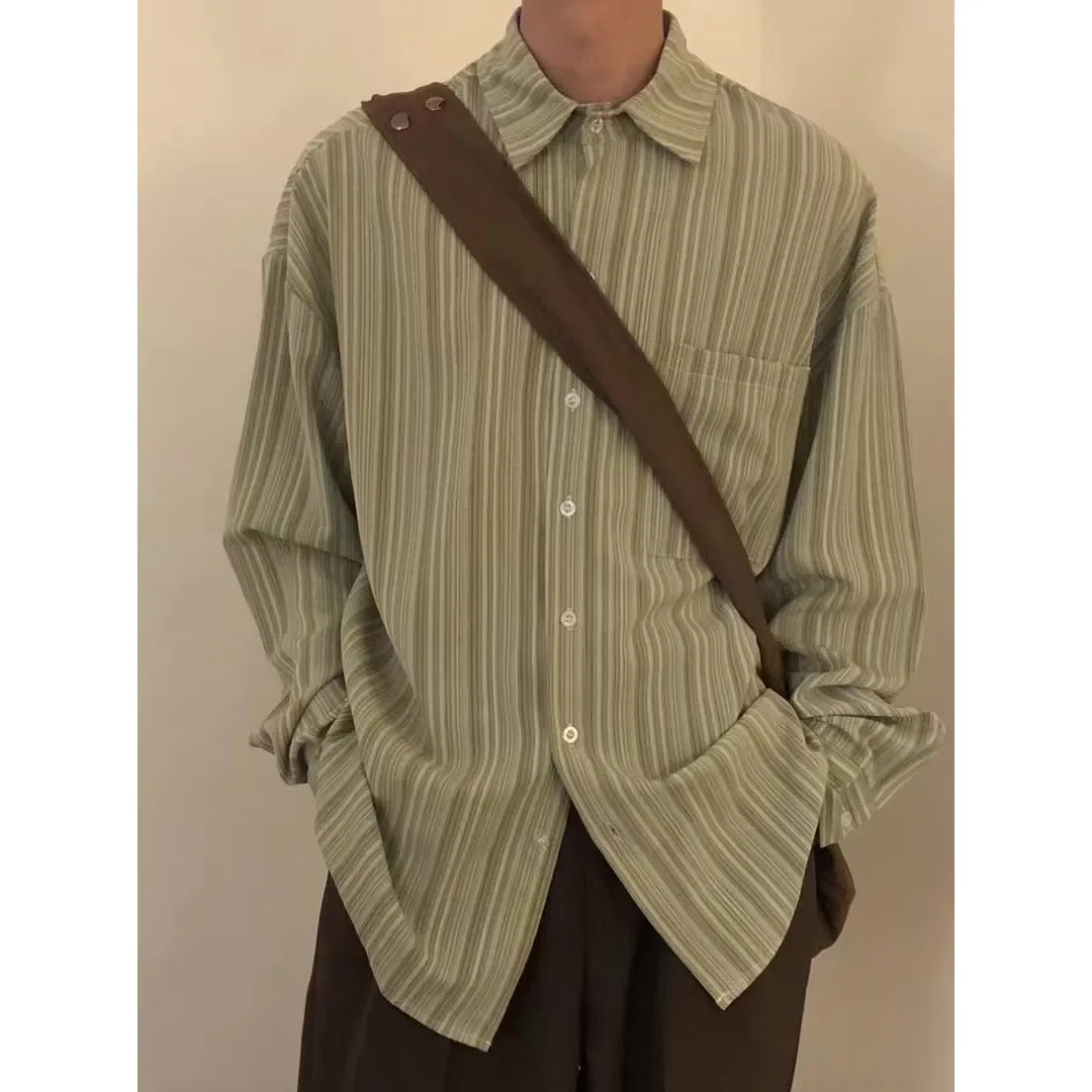 

Retro Striped Avocado een ort Sve irt Loose Casual ex Spring Autumn Season Polyester Fiber Moisture ng Open...