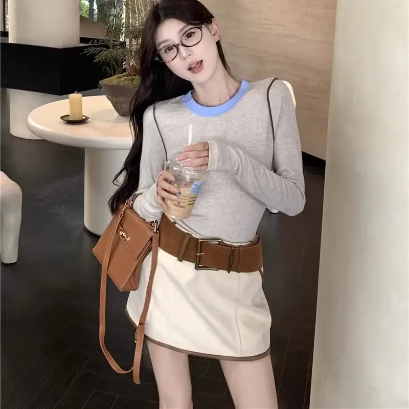 

Korea Two-Piece Set Versatile Contrasting Long-Sleeved T-Shirt Base Shirt Women Retro High-Waisted Slim A-Line Skirt Suit