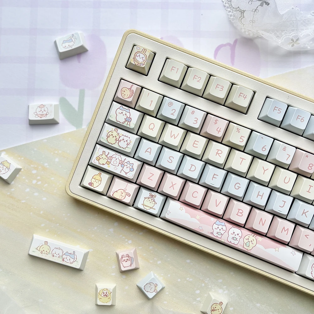 ピンクのイルカのテーマチェリープロファイルキーキャップ、PBT漫画キーキャップ、61、64、68、75、78、84、87キー、メカニカルキーボード、95キー