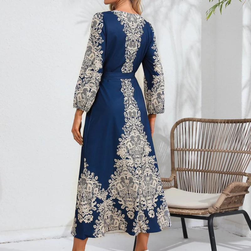 Cross-Border Real Shot Hot Sale Top-Selling Product Fashion Digital Printing Long Sleeve Long Dress