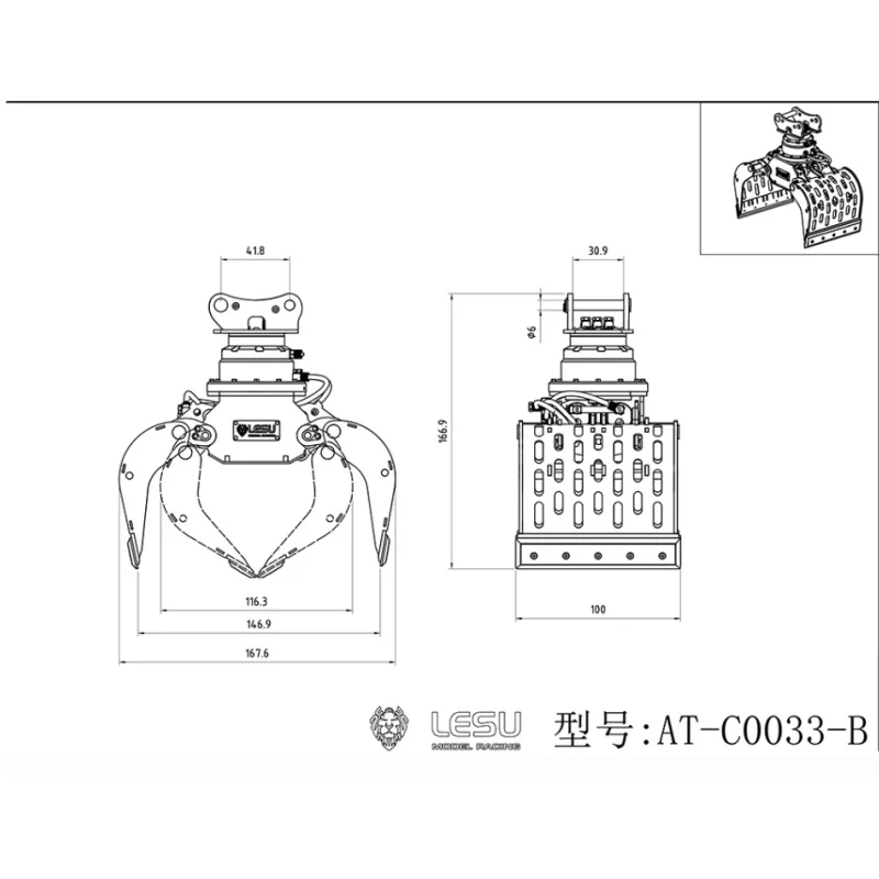 Mechanische Greifzange Lesu für 1/14 Hydraulik-Modellbaufahrzeuge, Vollmetall, neuer Baggeraufsatz AT-C0033-B – Detail 1