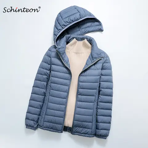 2024 신제품! Schinteon 초경량 여성용 90% 화이트 덕 다운 재킷 – 탈착식 후드 포함, 가을/겨울 얇은 외투, 휴대용 보관 가능