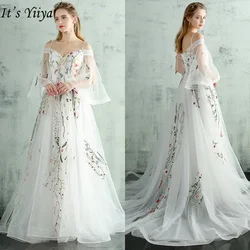 It's Yiiya Customized Evening Dress White Tulle Boat Neck Flare Sleeves Appliques Train Plus size Lady Party Gown Robe de soiree