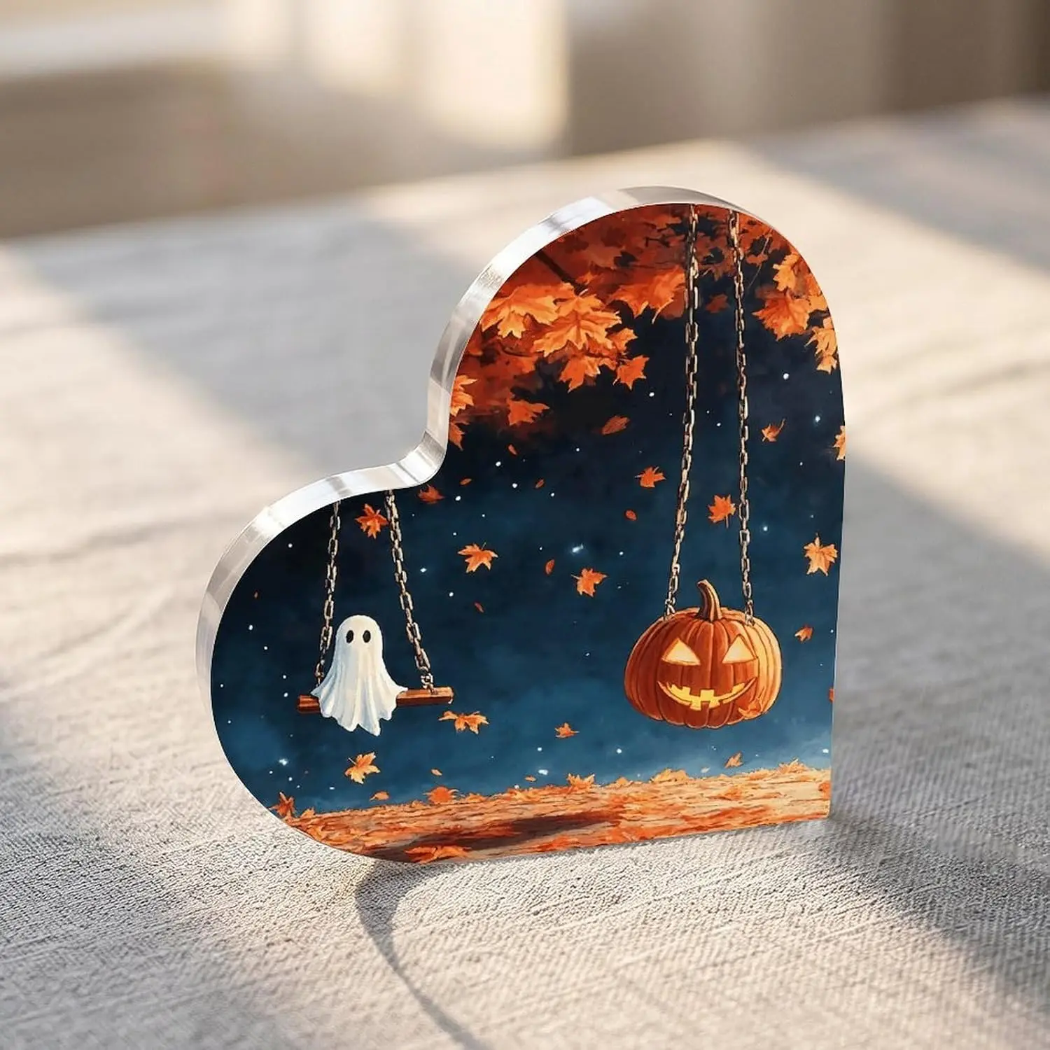 Ghost And Pumpkin On Swing Heart‑Shaped Acrylic Plaque, Halloween Fall Desktop Tabletop Decor