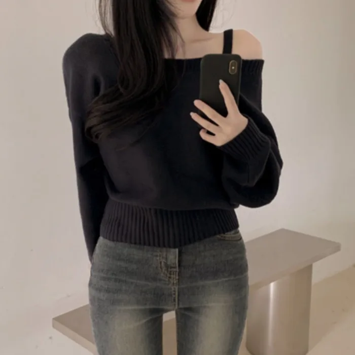 Suéter Tricotado Chic para Mulheres, Design Atemporal, Manga Assimétrica, Manga Longa, Top Curto, Moda para o Dia a Dia