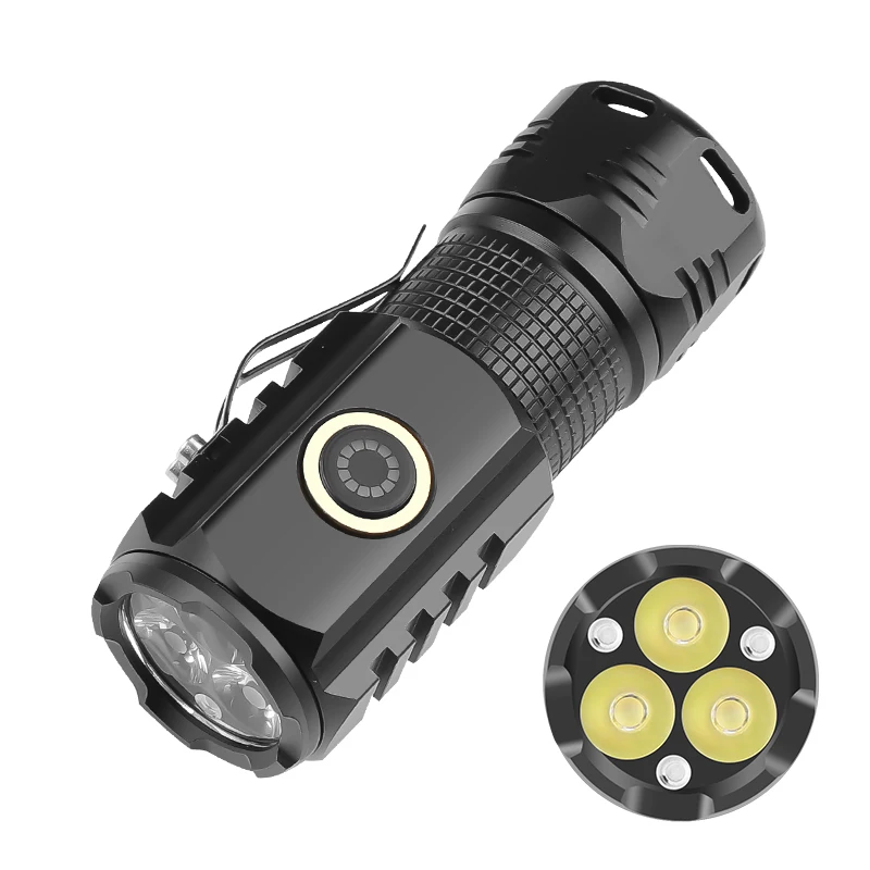 Mini lampe de poche portable à 3 LED lumineuses, lampe à main aste par USB, torche de poche d'urgence avec indicateur d'alimentation pour le camping, 4 modes